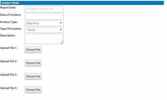 Screenshot of the form where customers can describe their incident