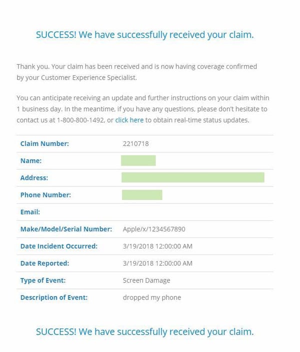 Screen shot of the claim submission confirmation page